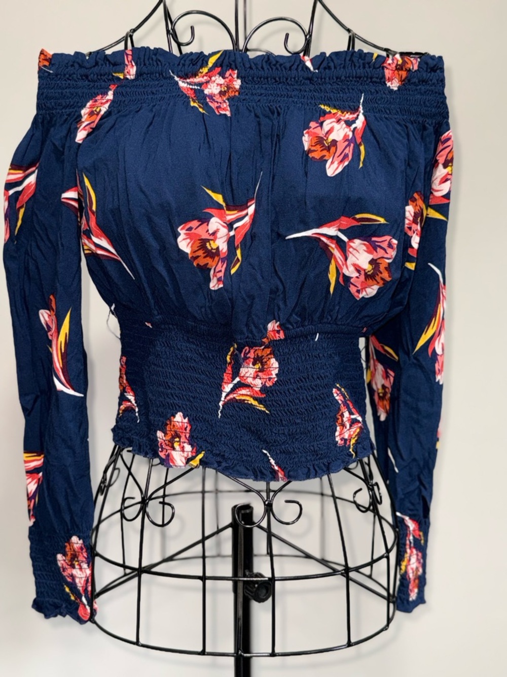 Express Navy Floral Off-Shoulder Smocked Waist Blouse - Picture 2 of 11